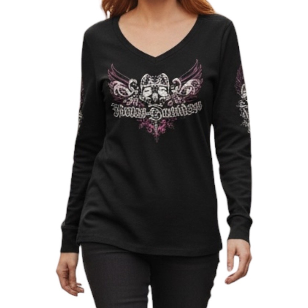 Harley-Davidson Shirt Women Small Black Long Sleeve Skull Wings Graphic V-Neck - Picture 3 of 14